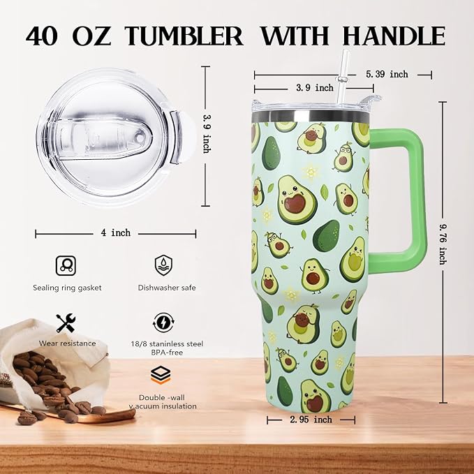 Ceovfoi 40 Oz Avocado Tumbler With Handle,Avocado Coffee Travel Mug Cup Water Bottle,Avocado Gifts for Women,Avocado Decor Stuff Accessories
