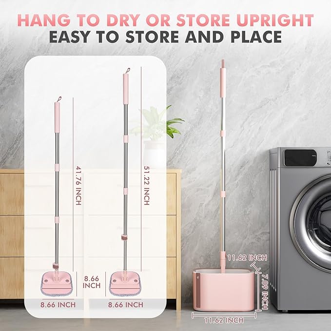 KZKR Square Spin Mop and Bucket Set with Self Separation Dirty and Clean Water System,Self Wringing 360° Rotating Mops Head for Home Floors Cleaning (2.0 mop Bucket Set with 6 Pads, Pink)