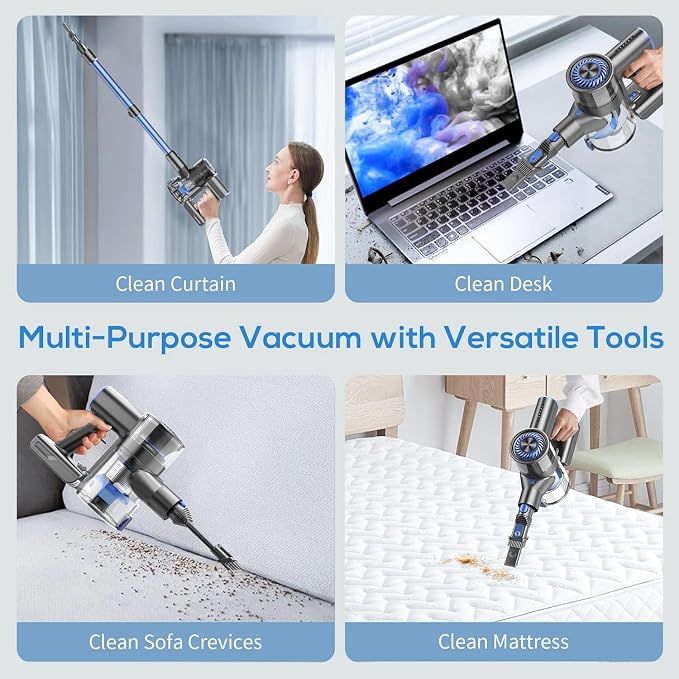 Cordless Vacuum Cleaner, 6 in 1 Lightweight Stick Vacuum with Rechargeable Battery, Handheld Conversion, LED Headlights & 180° Swivel Brush, for Hardwood Floor Carpet Pet Hair Stairs Car(Blue)