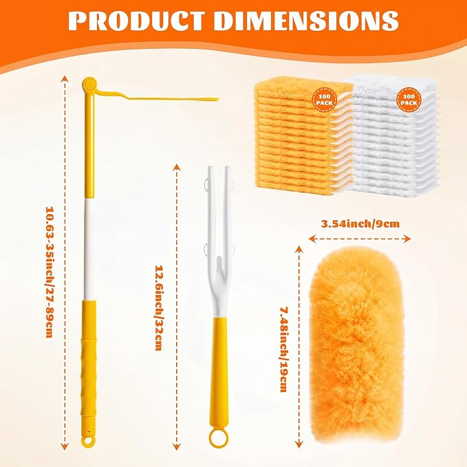 200 Pcs Disposable Dusters Refills Bulk Heavy Duty 360° Dusters Refill with 3ft Extended Handle and Short Handle, Multi Surface Replacement Duster Kit for Cleaning Ceiling Fan (Orange,White)
