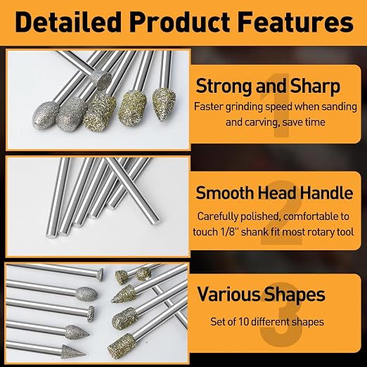 46-Grit and 120-Grit Diamond Grinding Burr Bits Set 1/8" Shank Compatible with Dremel Rotary Tool, 20Pcs Attachment Accessories Carving Burrs for Polishing, Grinding, Carving on Glass, Ceramic, Stone