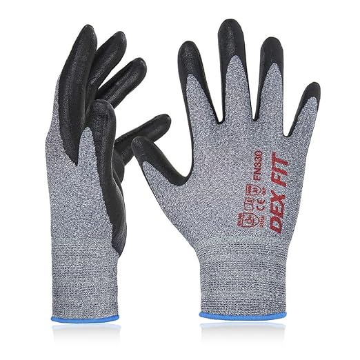DEX FIT Nitrile Work Gloves FN330, 3D-Comfort Stretchy Fit, Firm Grip, Thin & Lightweight, Touch-Screen Compatible, Durable, Breathable & Cool, Machine Washable; Grey L (9) 3 Pairs