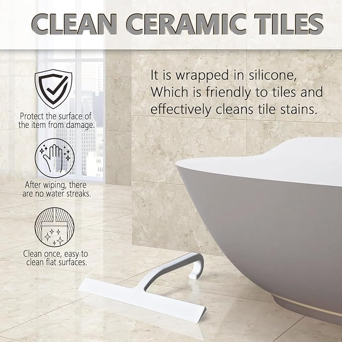 Hower Squeegee for Glass Doors – 10" Silicone Squeegee with Built-in Hook, One-Piece Seamless Design, Streak-Free & No-Scratch Window Cleaner for Bathroom, Mirrors & Tiles White