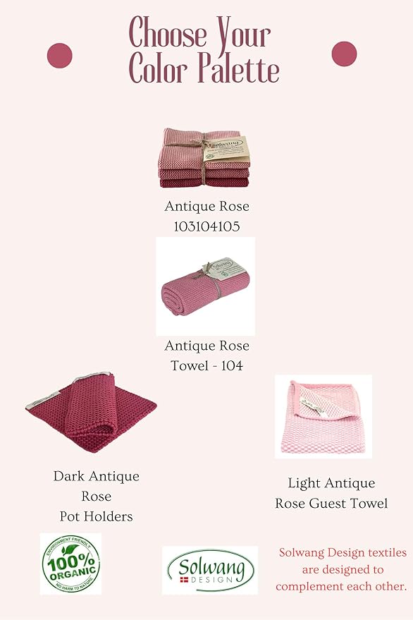Solwang 3-Piece Danish Cotton Dishcloths in 100% Certified Organic Cotton Made in India (Antique Rose Organic Combi)