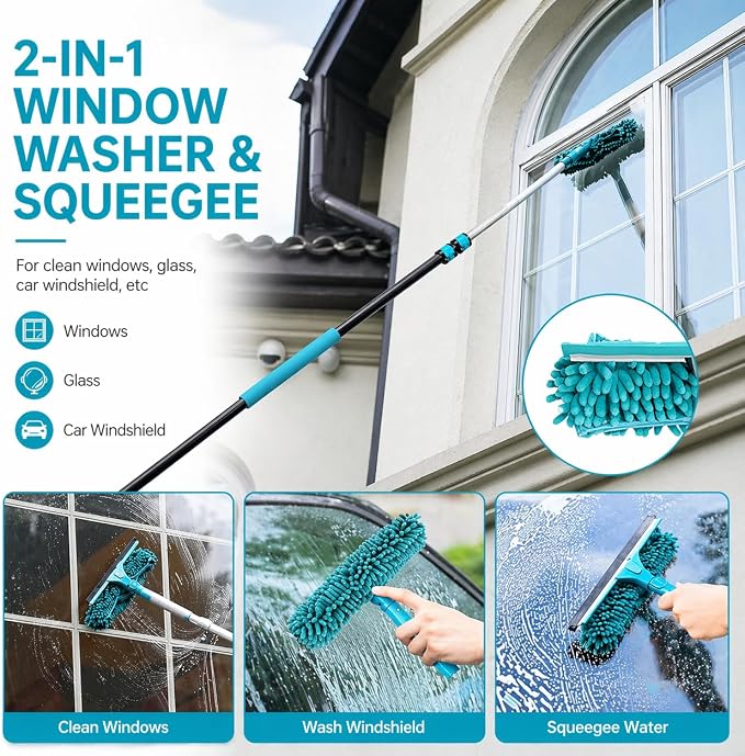 High Ceiling Duster Kit with 5-24FT Heavy Duty Extension Pole, Reaches Up to 30FT, Includes Microfiber Feather Duster, Cobweb and Ceiling Fan Duster, Window Squeegee Cleaner & Skylight Hook (24FT)