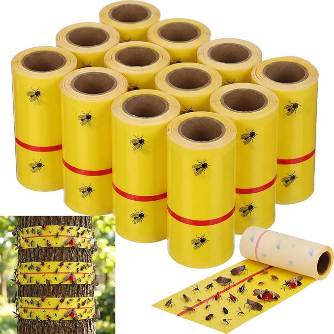 12 Rolls (30 Feet Each) Spotted Lantern Fly Tree Trap Outdoor Fruit Fly Sticky Strips Paper Ant Insect Sticky Barrier Tree Trunk Wraps to Protect Trees Plants, Lawn, Garden(Yellow and Red)