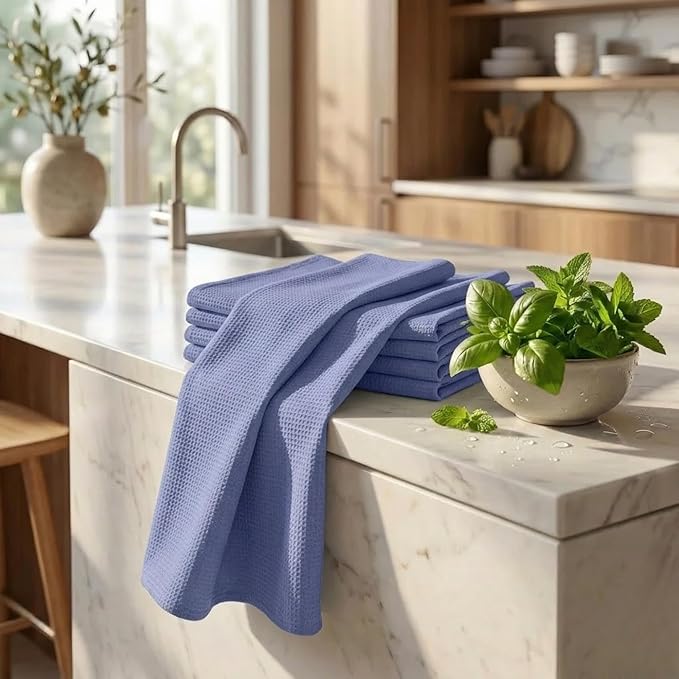 Urban Villa Kitchen Towels 100% Cotton Dish Towels for Kitchen(Set of 6) 20”x30” Dish Cloths Highly Absorbent Kitchen Linen Set with Hanging Loop Perfect for Drying Dishes Cleaning Hand Towels - Blue
