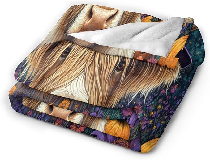 Tijuboni Halloween Highland Cow Pumpkin Throw Blanket for Girls Boys Women Men Kids Adults Soft Flannel Fleece Blanket for Couch Sofa Bed Home Decor 40"x50"