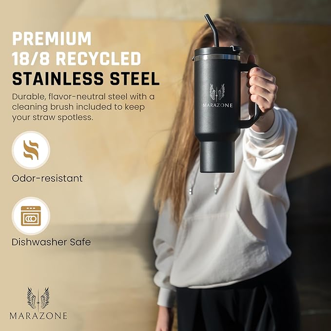 MARAZONE 40 oz Stainless Steel Tumbler with Handle, Lid and Removable Silicone Boot | Leakproof Travel Mug | Cupholder Compatible | Insulated Cup for Hot or Cold Drinks | BPA-Free - Midnight