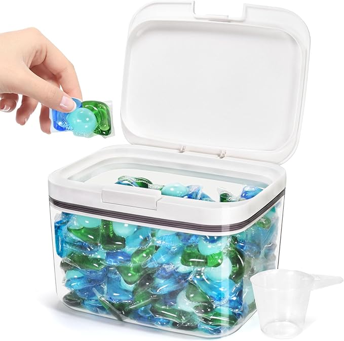 Pensino Laundry Pods Container Holder with Lid, Laundry Room Storage Container for Detergent Pods Laundry Powder Scent Booster Container with Scoop