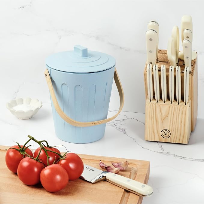 Martha Stewart Indoor Compost Bin Starter Bundle | Countertop Composting Bucket for Kitchen | .7 Gallon Capacity | Includes 6 Filters and Silicone Liner Bag | Plant Based Materials | Light Blue