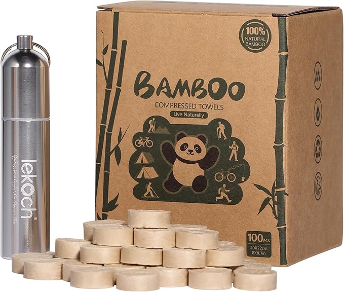 LEKOCH Bamboo Compressed Towel Tablets - Biodegradable & Eco-Friendly, Mini Washcloths with Aluminum Tube for Travel, Camping, Gym | Portable, Moisture-Proof, Crush Resistant - 100/250/500 Pack