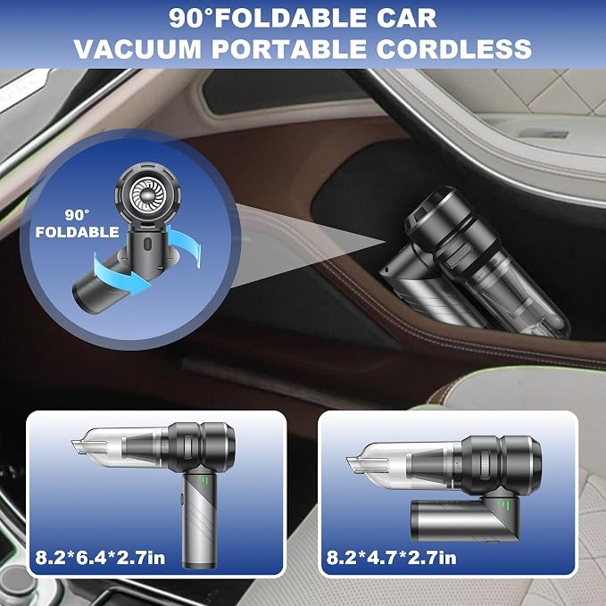 Car Vacuum Portable Cordless with 18000Pa Suction, 4 in 1 Air Duster & Mini Vacuum Cleaner High Power Foldable Rechargeable, Brushless Motor Handheld Vacuum Cordless for Home Office Pet Hair
