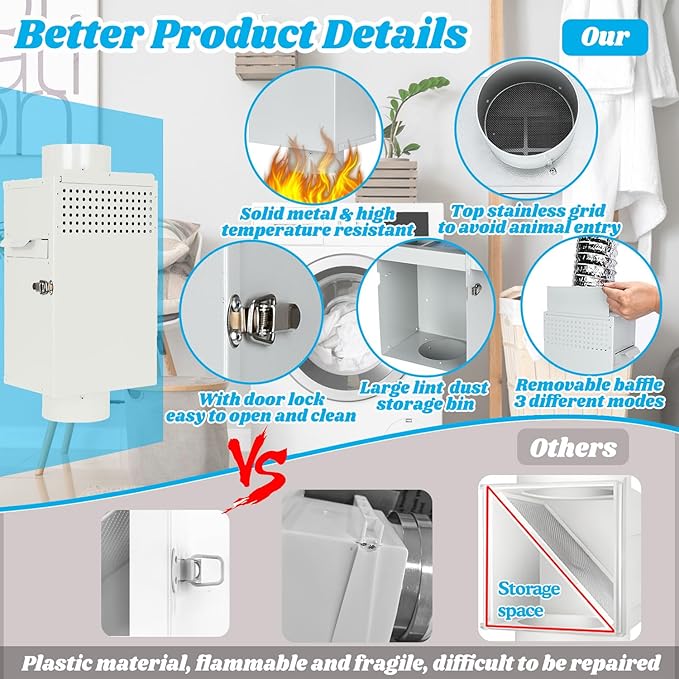 Upgraded Galvanized Steel 3-in-1 Multifunction Indoor Dryer Vent Kit, Dryer Duct Lint Trap, Dryer Vent Box Switch Summer Winter for Electric Dryers, Fits all 4" Dryer Duct Hose