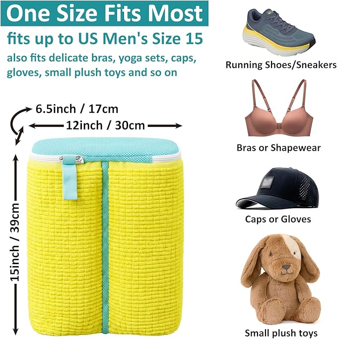 Upgraded Dual Compartment Shoe Washing Machine Bag, 420g Heavy-Duty Sneaker Laundry Bag with Clasp-Lock Zipper, Thick Chenille & Reinforced Seams for Maximum Protection, Yellow/Blue, 1-Piece