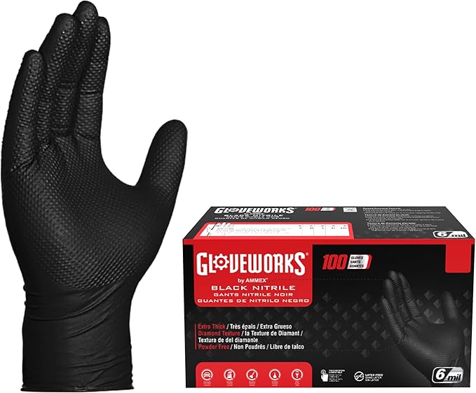 GLOVEWORKS Black Nitrile Gloves 6 Mil, Disposable, Raised Diamond Texture, Latex Free, Food Safe, Industrial Mechanic Glove