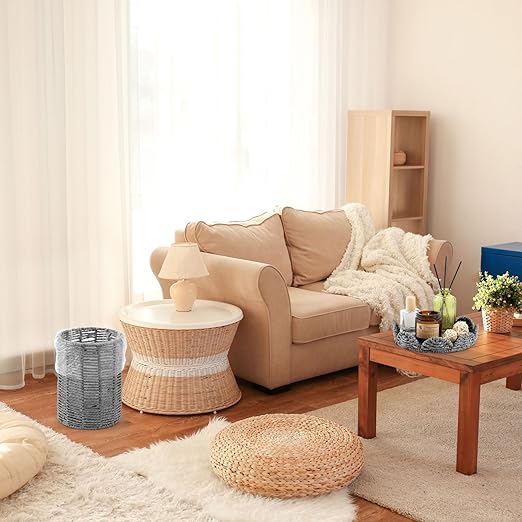 Ctosree 1.3 Gallons Small Wicker Trash Can with Lid Handle Woven Wicker Rattan Bathroom Waste Basket Boho Trash Basket with 100 Plastic Garbage Bags for Bedroom Office Laundry (Scalloped Style, Gray)