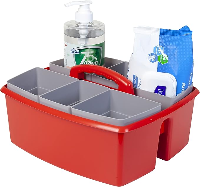 Storex Large Classroom Caddy with Cups, 13 x 11 x 6.575 Inches, Red, Case of 2 (00981U02C)