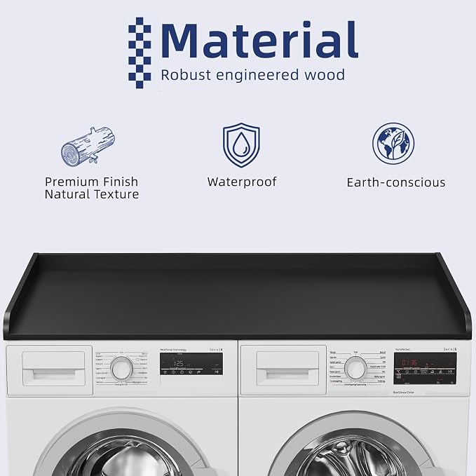 Memobarco Washer Dryer Countertop, 54" Width x 27.5" Depth Laundry Countertop Organization, Wooden Washer and Dryer Topper for Folding, Sorting & Ironing, Easy to Install, Black