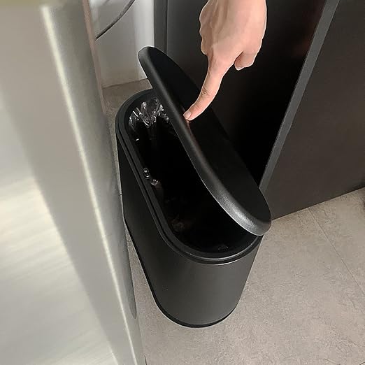 PENGKE Slim Plastic Trash Can,2.7 Gallon Garbage Can with Press Top Lid,Black Modern Waste Basket for Bathroom,Living Room,Office and Kitchen