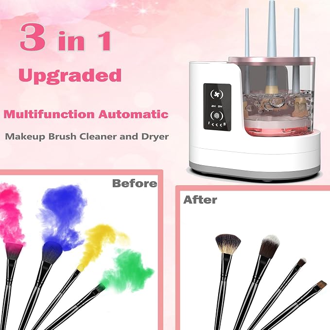 Makeup Brush Cleaner 3 in 1 Electric Makeup Brush Cleaner and Dryer, Automatic Brush Cleaner Machine with Multi-Hour Drying Settings, Portable Design for All Makeup Brush Types