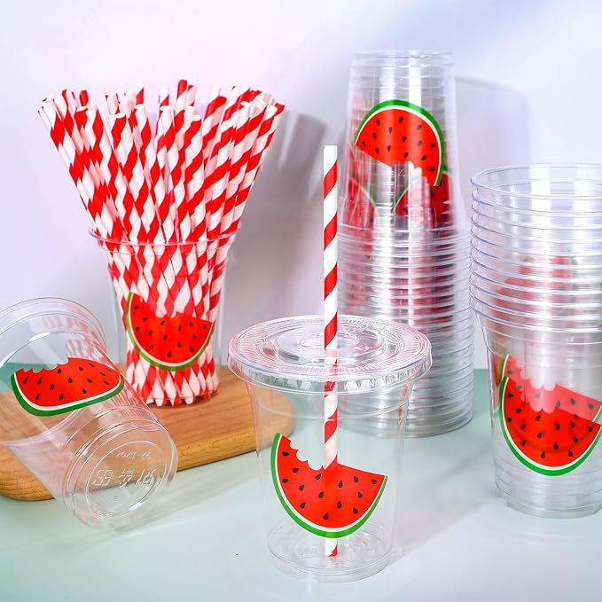 Whaline 50Pcs Watermelon Disposable Plastic Cups with Lids and Straws 12 Oz Red Watermelon Cold Beverage Drinking Cups for Summer Fruit Birthday Party Supplies