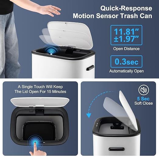 14.5 Gal/55L Motion Sensor Trash Can, Touchless Automatic Garbage Bin with Soft-Close Lid & Handle, Rectangular Waste Basket for Kitchen, Bathroom, Bedroom, White(No Inner Bucket)