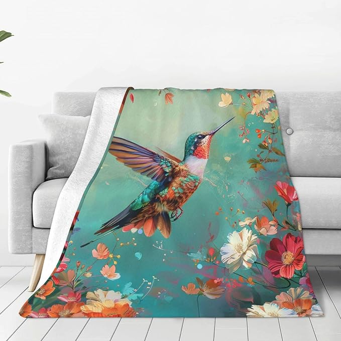 Hummingbird Flower Blanket Bird Floral Blossom Decor Throw Blanket Cozy Plush Flannel Fleece Warm Soft Lightweight Fuzzy Blanket Gifts for Women Girls Boys Teens for Bed Sofa Couch50 X60