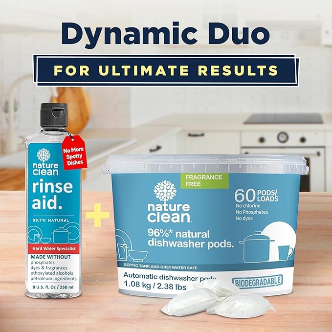 Nature Clean Dishwasher Rinse Aid Liquid, Non Toxic Natural Formula, Spot Free Shine for Glasses & Dishes, Hard Water Stain Remover, Dishwasher Drying Agent, 8 oz/250 ml Pack of 2