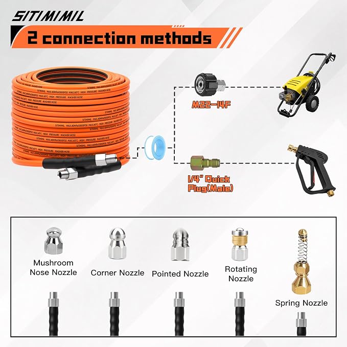 Sewer Jetter Kit for Pressure Washer 50FT,5800psi Drain Cleaner Hose 1/4 Inch Npt Corner, with 5 Sewer Jetting Nozzles Sealing Tape Pearl Corsage Pin Spanner Glove Drain Snake