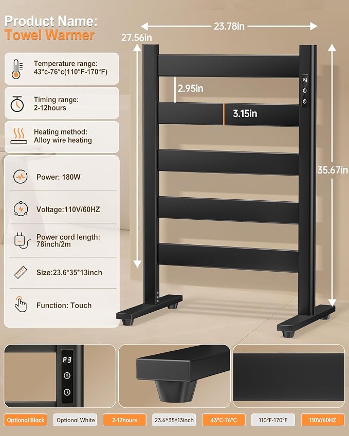 Freestanding Towel Warmer – 5-Bar Heated Towel Rack with Timer & Adjustable Temperature, Space Aluminum, Rust-Resistant, Fast Heating in About 10 Minutes for Bathroom & Spa,Matte Black