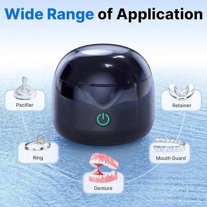 CXRUY Ultrasonic Retainer Cleaner - UV Dental Cleaning Pod Night Guard Cleaner for Dentures, Aligner, Braces, Toothbrush Heads, Jewelry (Black)