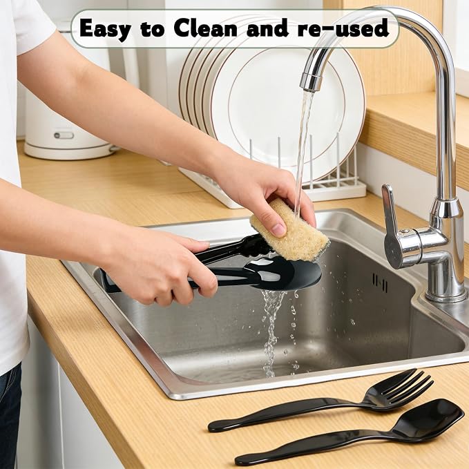 40 Pcs Black Plastic Serving Utensils Set - Large Serving Tongs, Serving Forks, Serving Spoons - Heavy Duty Disposable Serving Utensils for Parties, Buffet, Catering Supplies (Black, 40 Pcs)