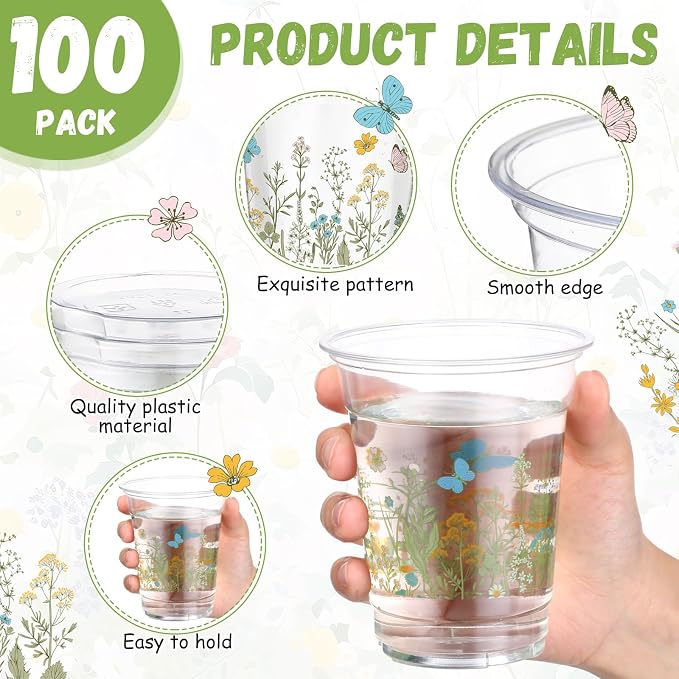100 Pack Wildflowers Plastic Cups 12 oz Flower Floral Botanical Disposable Clear Plastic Drinking Cups Bulk for Summer Spring Wedding Bridal Baby Shower Birthday Party Decoration Supplies