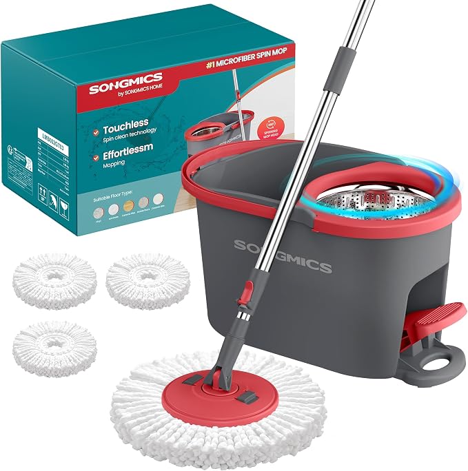 SONGMICS Spin Mop and Bucket Set with Pedal Wringer, Floor Cleaning Mop, Adjustable Telescopic Handle, Max. 59.1-Inch Length, 360° Rotating Head, 3 Microfiber Pads, Gray and Red ULMB002GT03