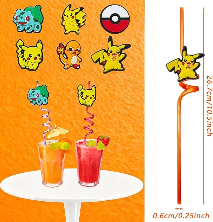 30pcs Electric mouse Straws Pokemon Party Supplies Favors With 2pcs Cleaning Brush Plastic Reusable Straws Birthday Party Supplies For Boys Girls