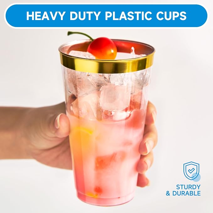 RACETOP 16 oz 200 Pack Disposable Plastic Cups with Gold Rim, Disposable Gold Rim Plastic Cups for Parties, Weddings, Gatherings, and Festival Events