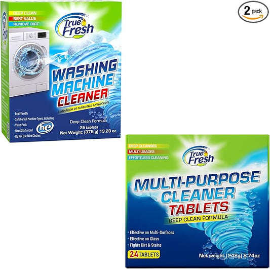 True Fresh 25 Washing Machine Cleaner Tablets & 24 Multi-Surface Cleaning Tablets – Ultimate Combo for Deep Cleaning Washers & Home Surfaces 12 Month Supply