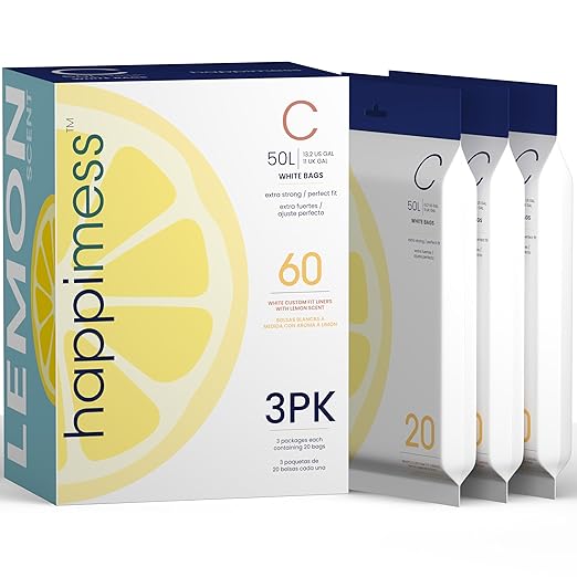 happimess 13.2 Gallon (50L) Drawstring Trash Bags, Lemon Scent, White, Heavy Duty MDPE Liners for Kitchen and Household, Odor Control, Custom Fit 60 Count (3-Packs of 20 Liners) HPM3100C-WHITE