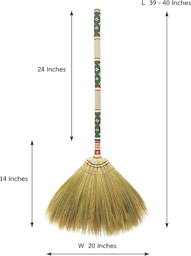 Thai Vintage Retro Grass Broom Stick, Asian Straw for Wedding Jumping, Witch, House, Long With Solid Wood Handle - Primitive Sweeping Dirt Dust Garbage