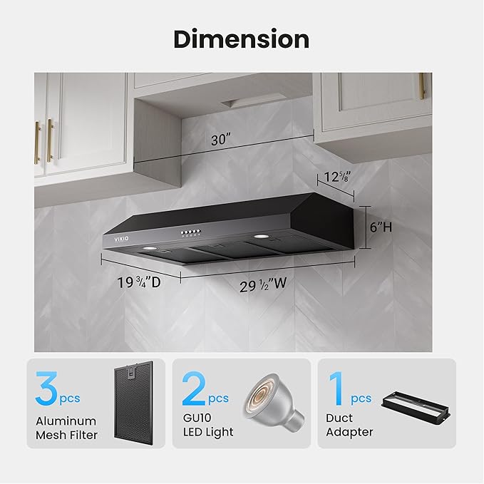 VIKIO HOME Under Cabinet Range Hood 30 Inch, 1200 CFM Dual-Motor Kitchen Vent with LED Lights, Button Control, Ducted Stainless Steel Vent Hood, Reusable 5-Layer Aluminum Filters, Black