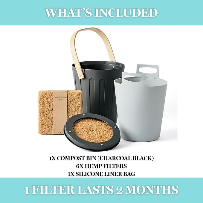 Martha Stewart Indoor Compost Bin Starter Bundle | Countertop Composting Bucket for Kitchen | .7 Gallon Capacity | Includes 6 Filters and Silicone Liner Bag | Plant Based Materials | Charcoal Black