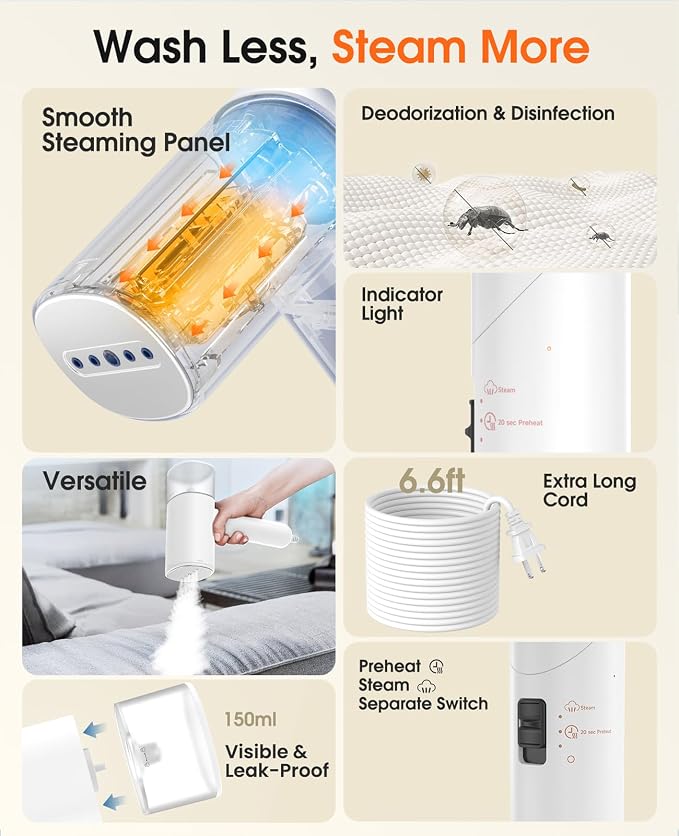 Handheld Steamer for Clothes, 1200W Foldable Travel Steamer, 20 Sec Preheat Garments Wrinkle Remover, 120V Portable Hand Iron with 150ml Water Tank, Clothes Steamer for Home Travel White