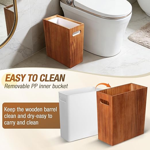3 Gallon Wood Trash Can, Solid Wooden Trash Can with Plastic Liner, Handmade Slim Small Trash Can with Handle Fits Narrow Spaces, Decorative Wastebasket for Bathroom, Bedroom, Office, Kitchen
