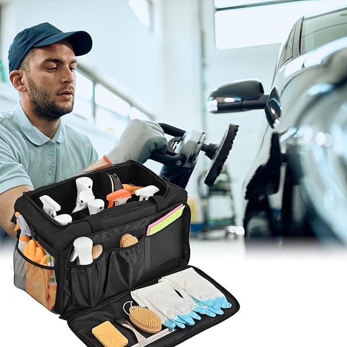 Large Car Detailing Bag, Cleaning Caddy with Lid and Handle for Auto Detailing Supplies, Car Cleaning Storage Trunk Organizer for Polisher and Vehicle Wash Tools, Black