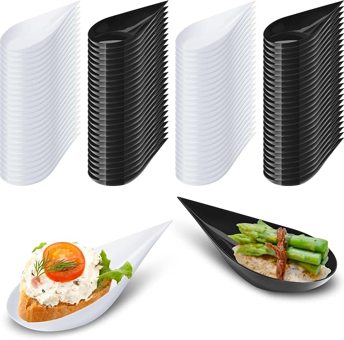Tessco for you 200 Pcs 4" Tear Drop Appetizer Spoons Mini Appetizer Plates Reusable Tasting Spoons Plates Catering Supplies Disposable for Serving Small Desserts Cakes Bowls (White,Black)