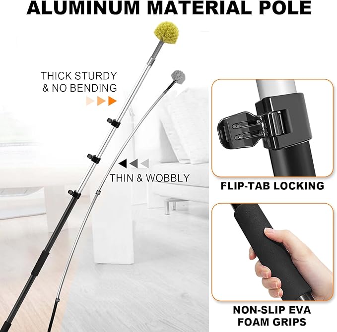 ARTIPOLY 4-12ft Cobweb Duster with Extension Pole, 20 Foot High Reach Feather Dusters with Bristles for Cleaning Outdoor Indoor, 4-Stage Spider Web Remover with Telescopic Pole for Ceiling Wall Yellow
