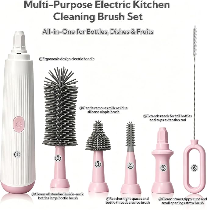 Electric Bottle Brush Set, 6-in-1 Electric Cleaning Brush with Waterproof Silicone Cleaner, 3 Replaceable Brush Heads, Straw Brush & Extension Rod, for Baby Feeding Accessories and Kitchen Utensils