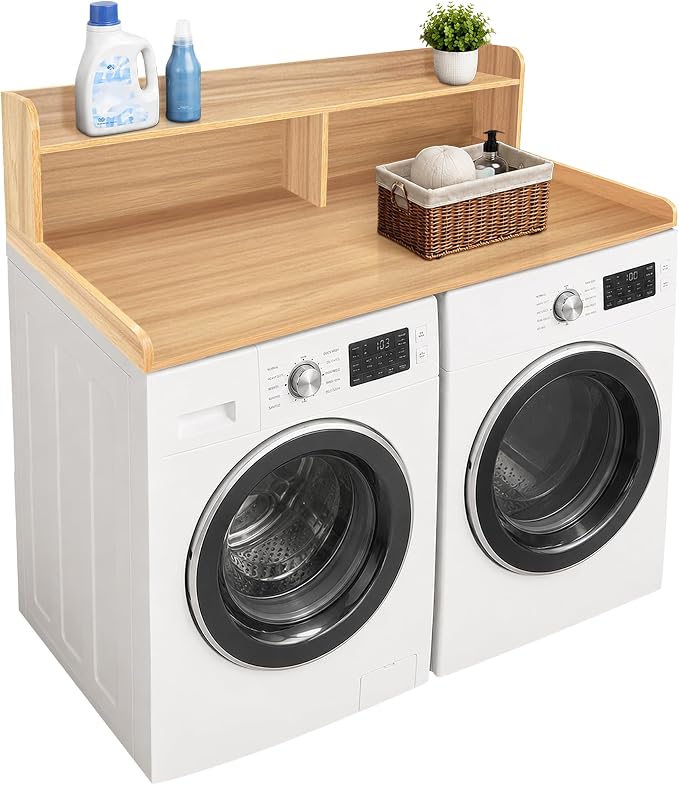 Royxen Laundry Countertop with 2-Tier Shelf Universal Fit, Washer and Dryer Countertop with Storage Space, Shelf Height 11.5 Inches, Solid Wood Core, Oak