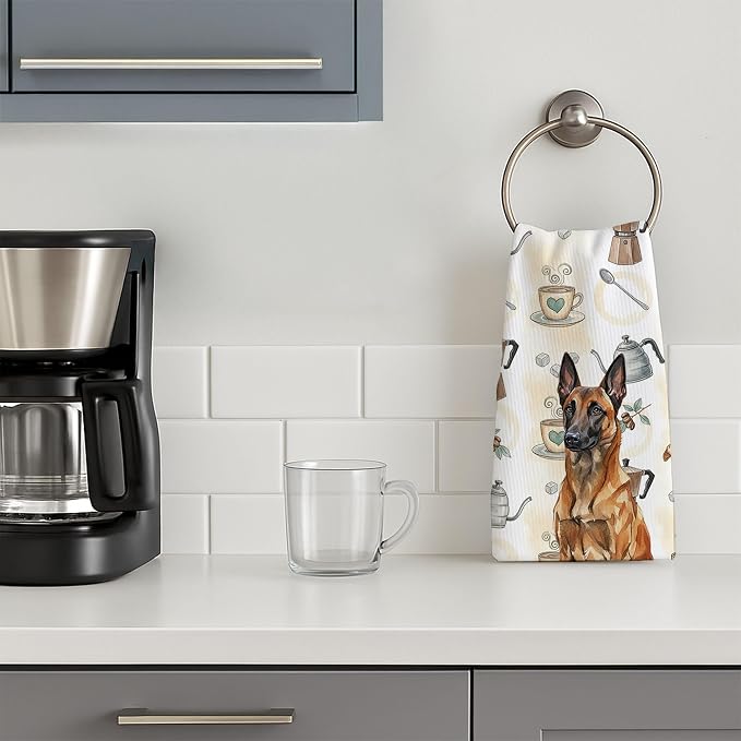 Caroline's Treasures Mahogany Belgian Malinois Coffee Bar Kitchen Towel Velour Plush Front and Cotton Loop Back Machine Washable